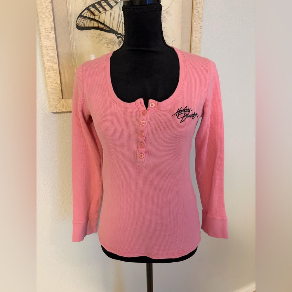 Vintage Harley-Davidson Pink Long-Sleeve Henley Thermal Top Size Medium